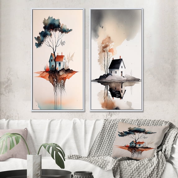 Designart "Countryhouse with Tree by the Lake I" Lake House Cottage Framed Wall Art Set Of 2 - Traditional White Framed Wall Art Set Of 2