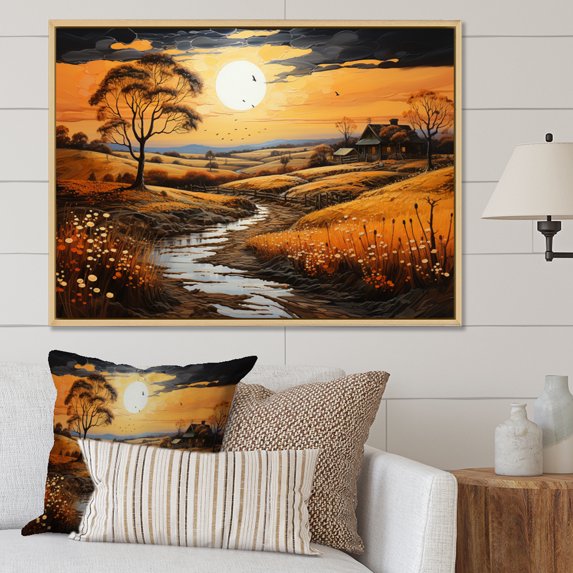 Designart "Countryside Bucolic Sunrise Collage I" Landscapes Floater Framed Canvas Wall Art