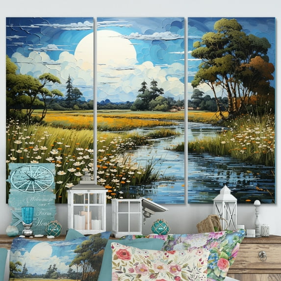 Designart "Countryside Calm Pond Landscape" Landscapes Metal Wall Decor Set