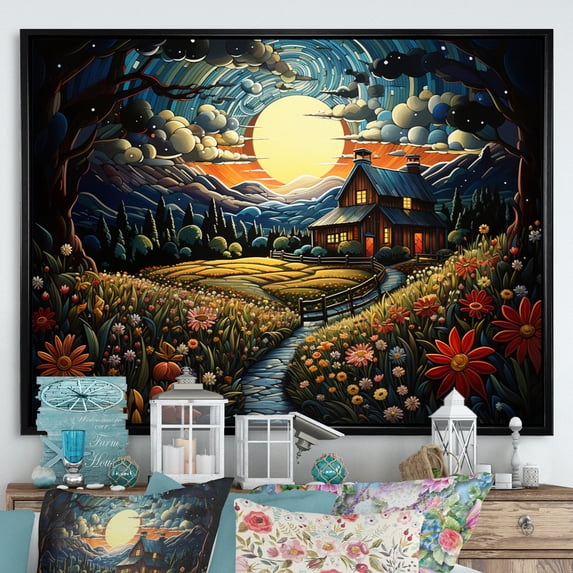 Designart "Countryside Charm At Night" Landscapes Floater Framed Canvas Print