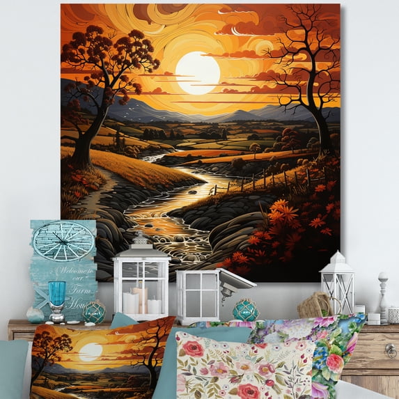 Designart "Countryside Crimson Sunset horizon III" Landscapes Canvas Print