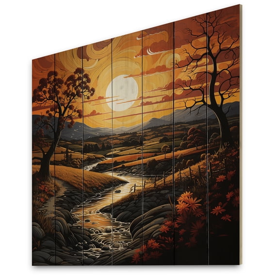 Designart "Countryside Crimson Sunset horizon III" Landscapes Print on Natural Pine Wood