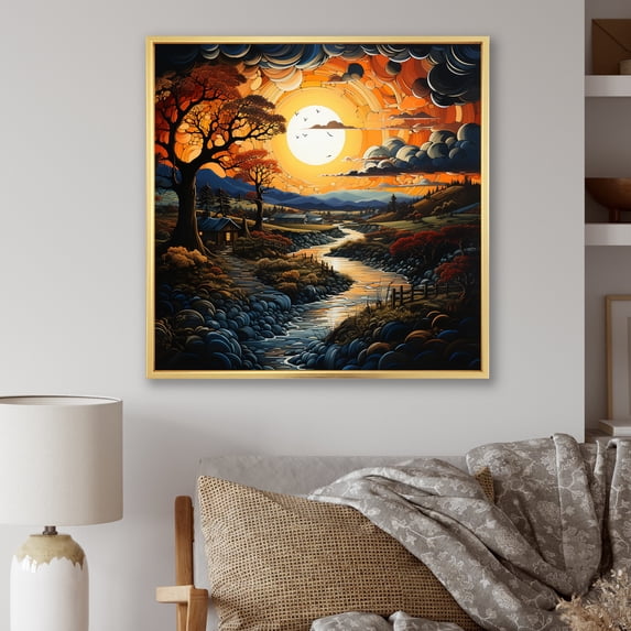 Designart "Countryside Crimson Sunset horizon IV" Landscapes Floater Framed Wall Decor