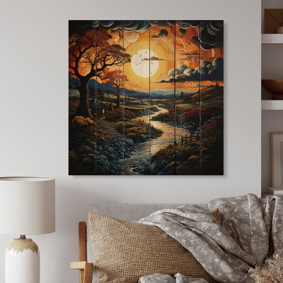 Designart "Countryside Crimson Sunset horizon IV" Landscapes Print on Natural Pine Wood