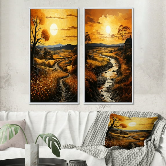 Designart "Countryside Golden landscape IV" Countryside Framed Wall Art Set Of 2 - Yellow Landscapes Framed Canvas Set For Living Room Decor