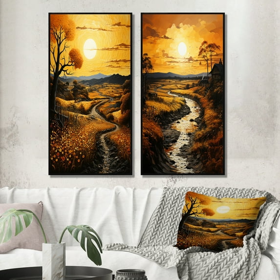 Designart "Countryside Golden landscape IV" Countryside Framed Wall Art Set Of 2 - Yellow Landscapes Framed Canvas Set For Living Room Decor
