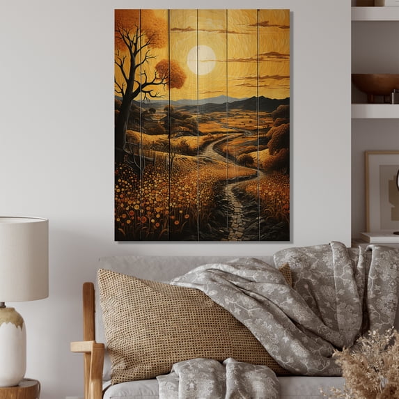 Designart "Countryside Golden landscape IV" Landscape & Nature Print on Natural Pine Wood