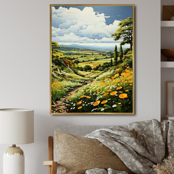 Designart "Countryside Green And Yellow Reverie horizon III" Landscape & Nature Floater Framed Canvas Wall Art