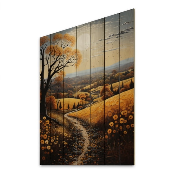 Designart "Countryside Harvest Gold Collage I" Landscape & Nature Print on Natural Pine Wood