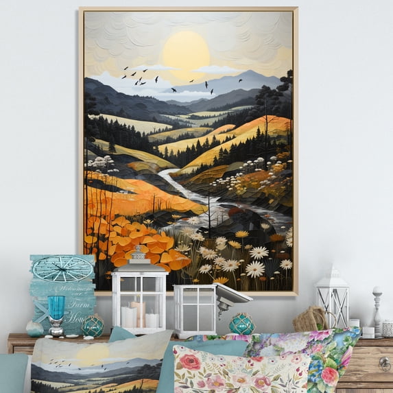 Designart "Countryside Misty Morning Collage III" Landscape & Nature Floater Framed Canvas Print