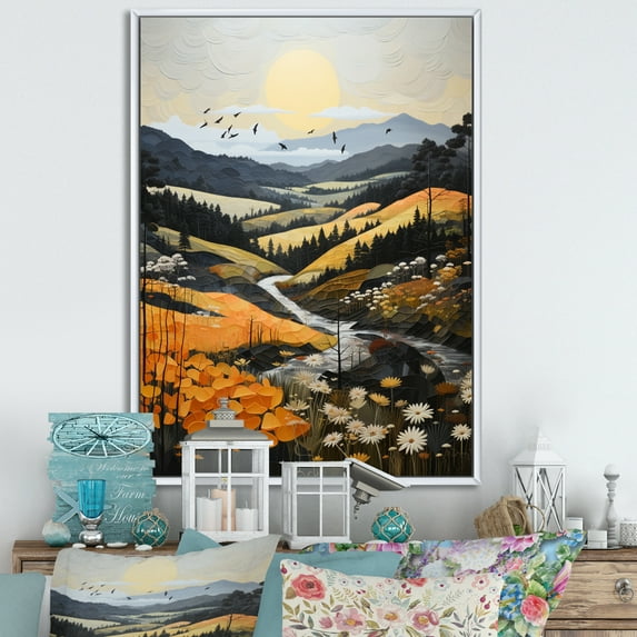 Designart "Countryside Misty Morning Collage III" Landscape & Nature Floater Framed Canvas Print
