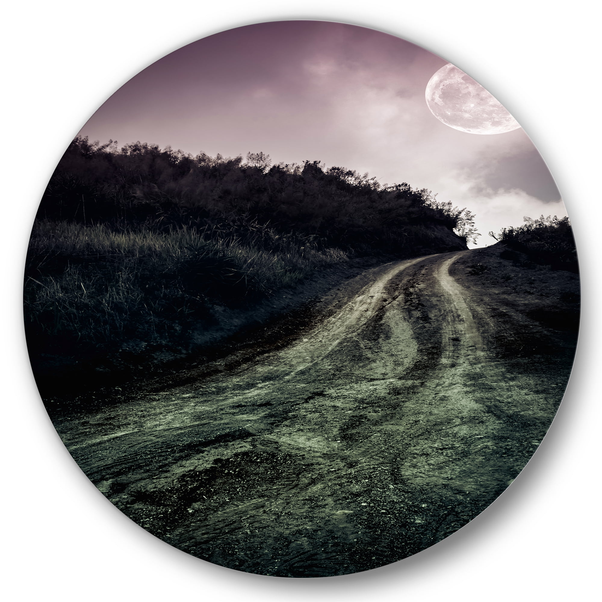 Designart 'Countryside Muddy Road Under Full Moon' Modern Circle Metal Wall Art 11x11 - Disc of 11