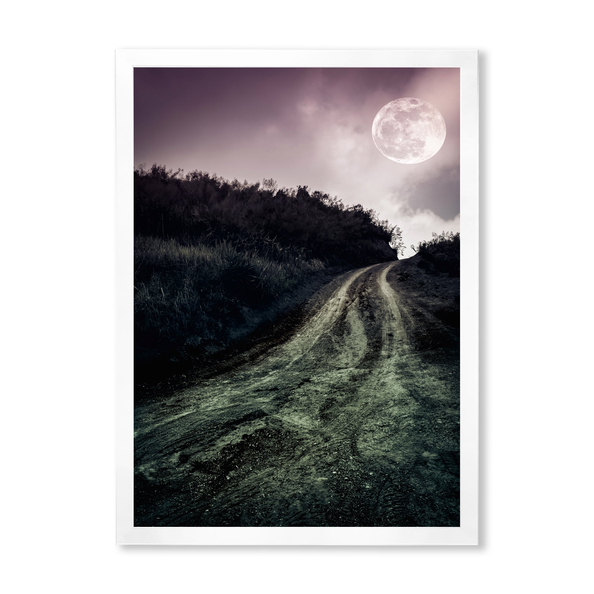Designart 'Countryside Muddy Road Under Full Moon' Modern Framed Art Print