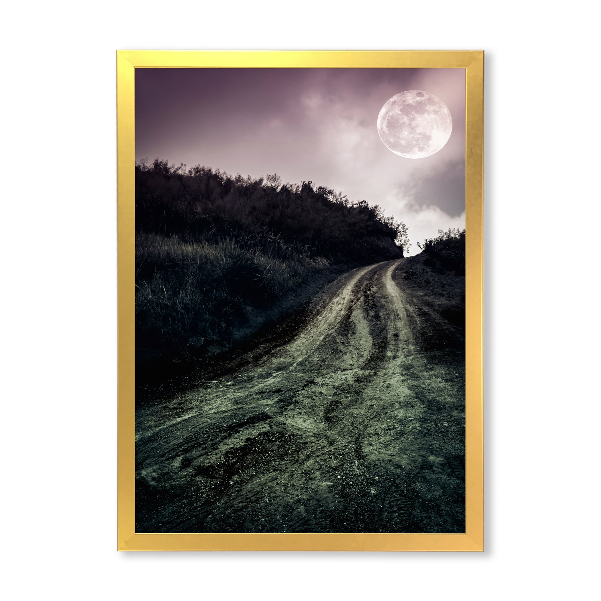 Designart 'Countryside Muddy Road Under Full Moon' Modern Framed Art Print