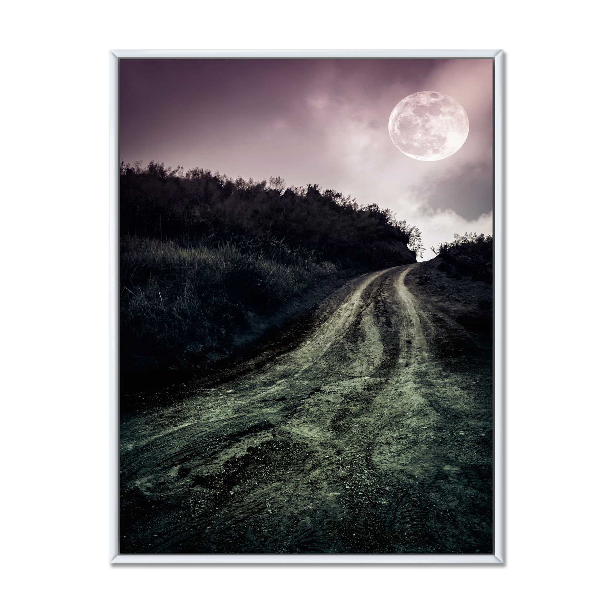 Designart 'Countryside Muddy Road Under Full Moon' Modern Framed Canvas Wall Art Print