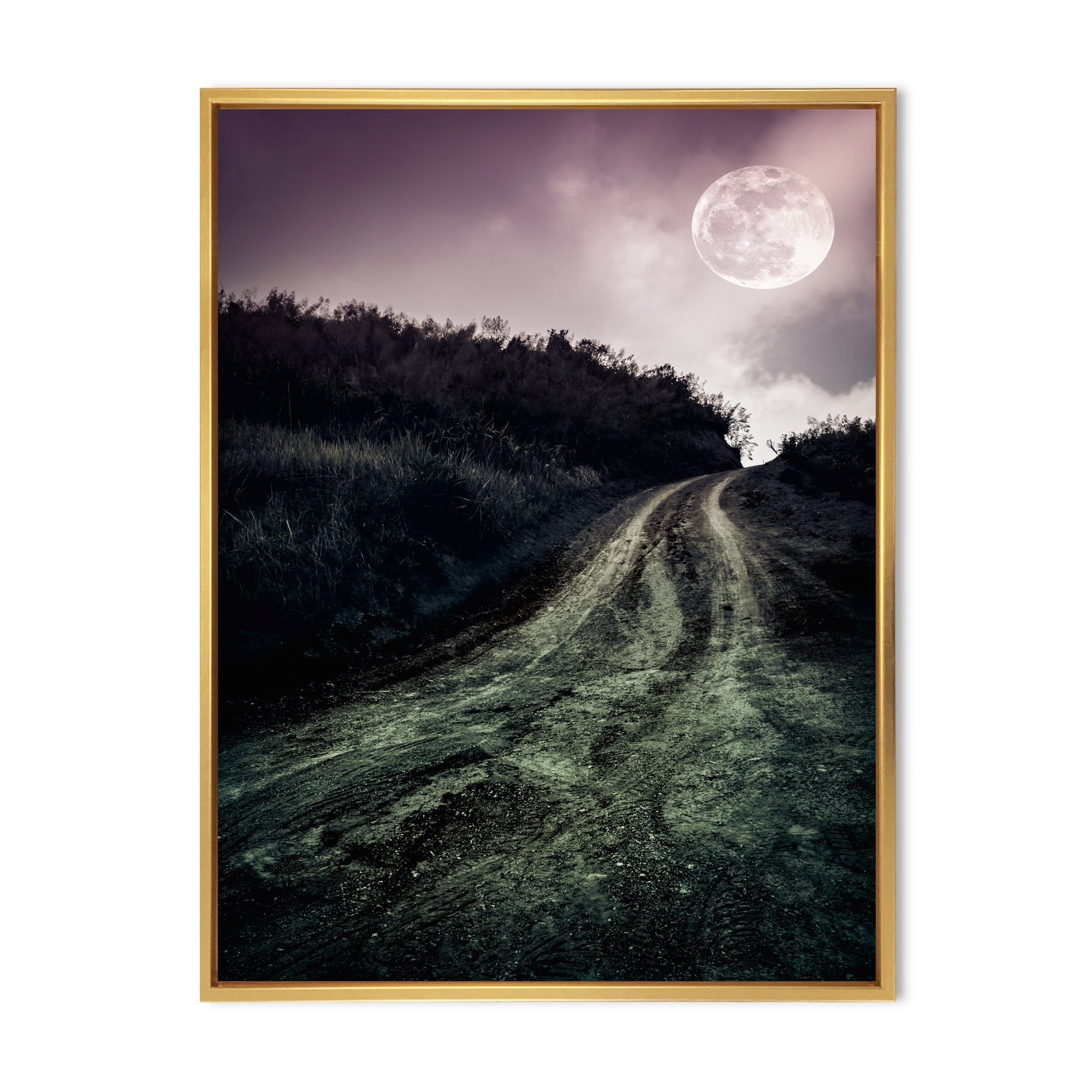 Designart 'Countryside Muddy Road Under Full Moon' Modern Framed Canvas Wall Art Print