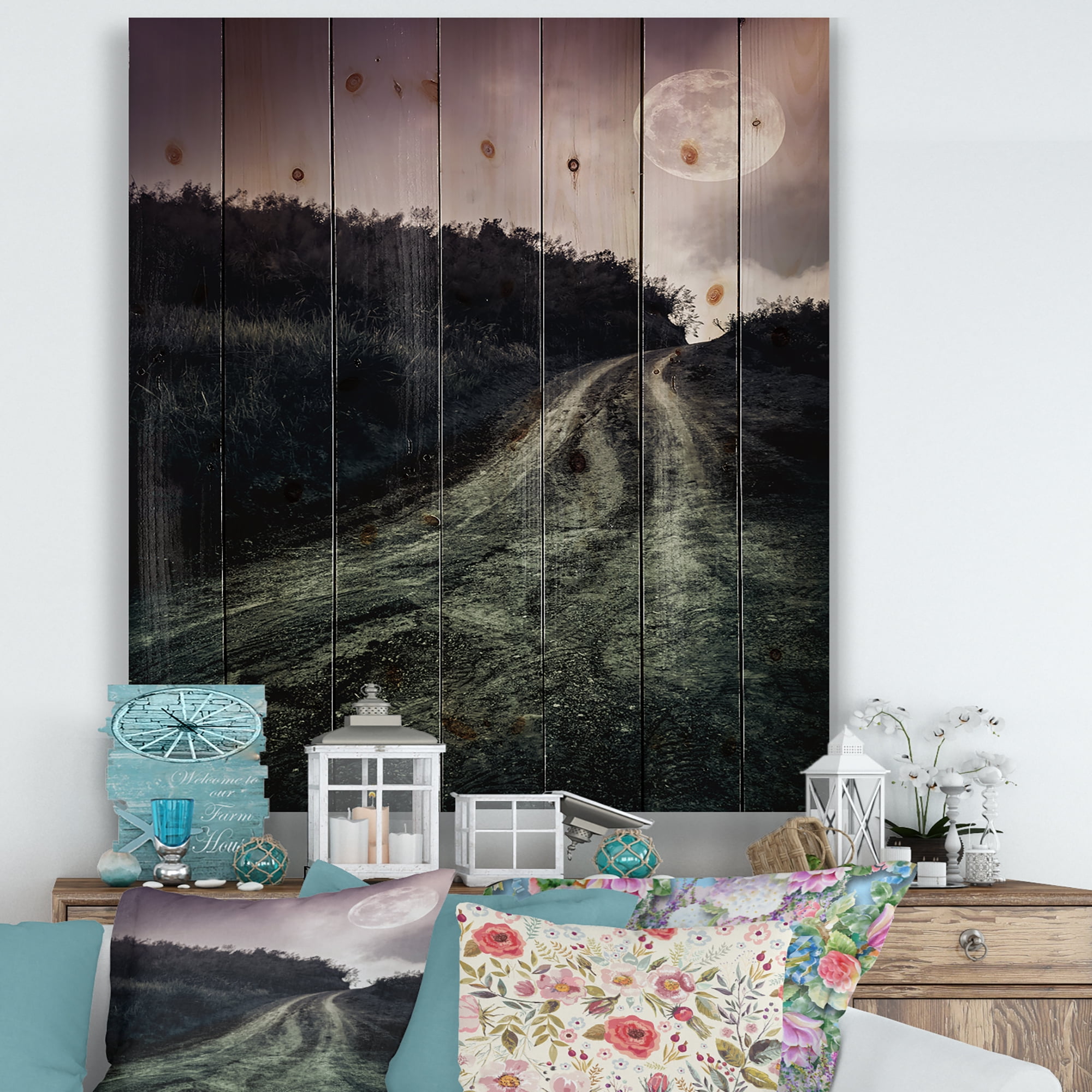 Designart 'Countryside Muddy Road Under Full Moon' Modern Print on Natural Pine Wood