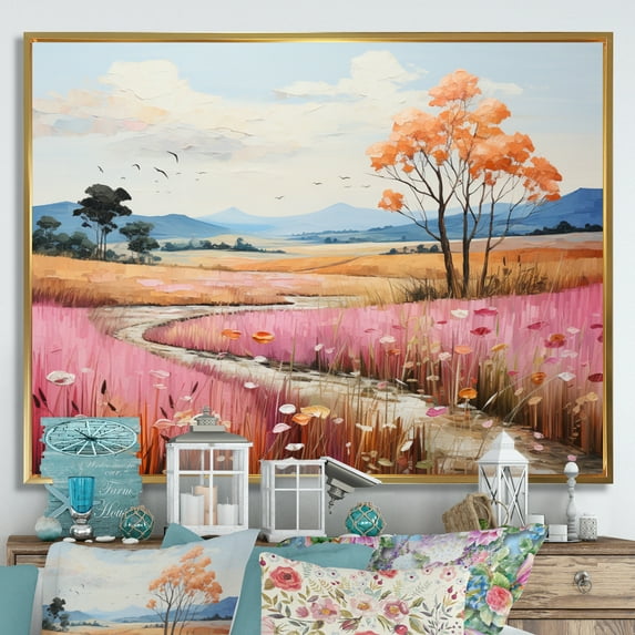 Designart "Countryside Pastel Hills Collage II" Countryside Floater Framed Wall Art Living Room
