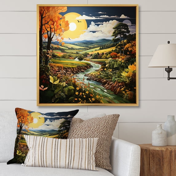 Designart "Countryside Pastoral Collage II" Landscapes Floater Framed Wall Art Living Room