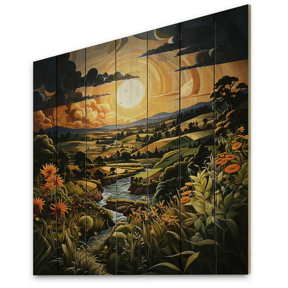 Designart "Countryside Pastoral Collage IV" Landscapes Print on Natural Pine Wood