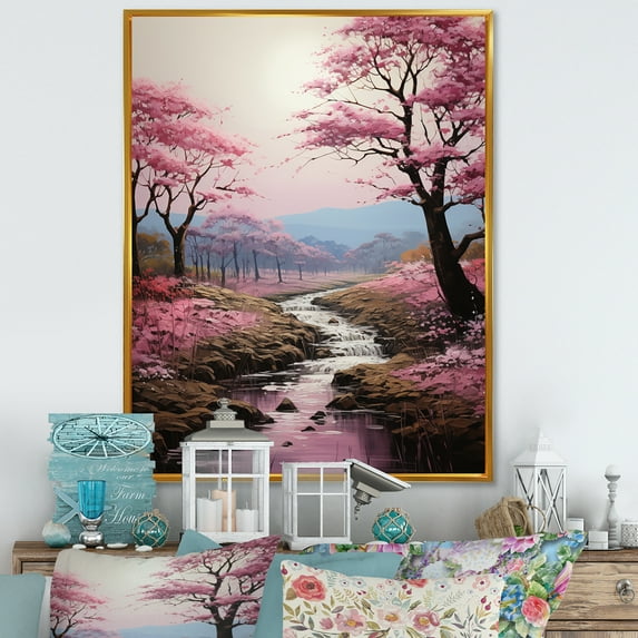 Designart "Countryside Pink blossom Countryside II" Landscape & Nature Floater Framed Wall Decor