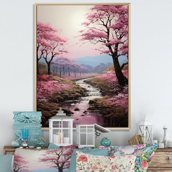 Designart "Countryside Pink blossom Countryside II" Landscape & Nature Floater Framed Wall Decor
