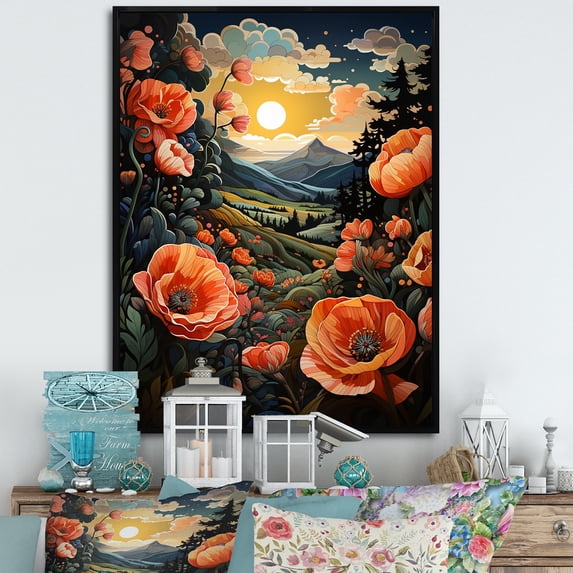 Designart "Countryside Red Poppy landscape I" Floral Floater Framed Canvas Print
