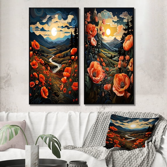Designart "Countryside Red Poppy landscape II" Countryside Framed Wall Art Set Of 2 - Coral Landscapes Framed Canvas Set For Living Room Decor