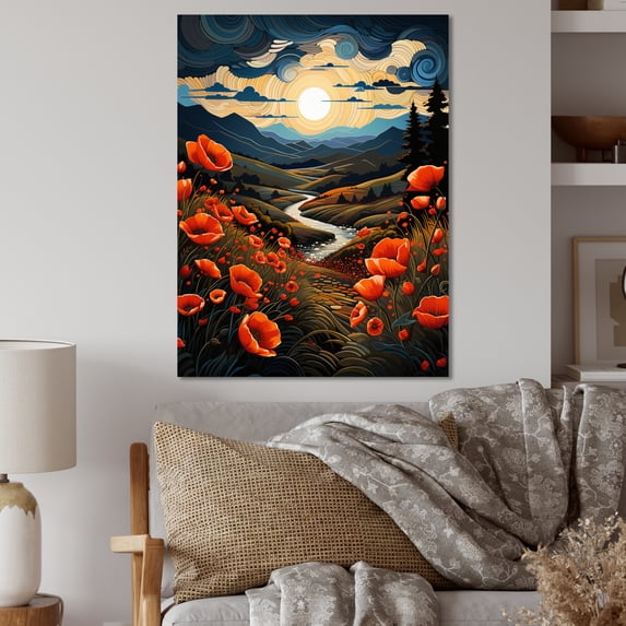 Designart "Countryside Red Poppy landscape II" Floral Metal Wall Decor