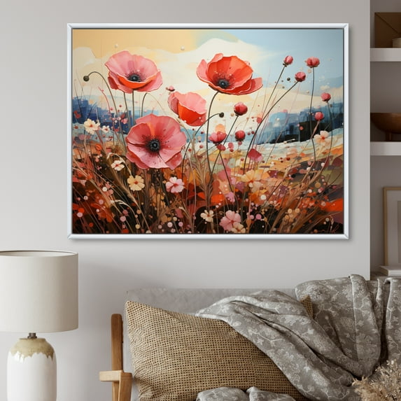 Designart "Countryside Red Poppy landscape V" Countryside Floater Framed Canvas Print