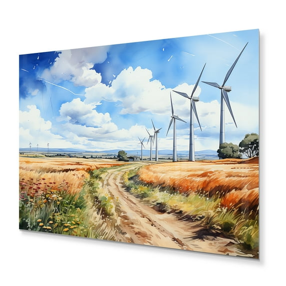 Designart "Countryside Road Leading to Wind Turbines I" Landscapes Metal Wall Art Prints
