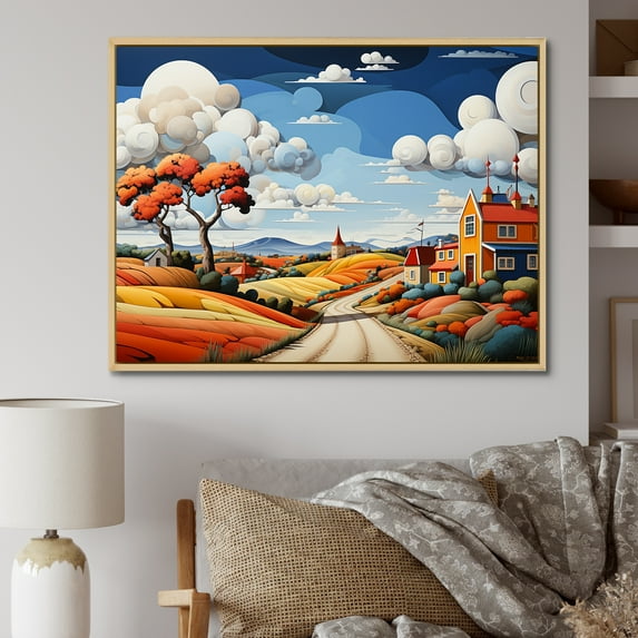 Designart "Countryside Scenery In De Stijl Style II" Countryside Floater Framed Canvas Prints