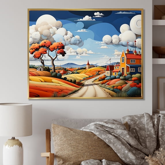 Designart "Countryside Scenery In De Stijl Style II" Countryside Floater Framed Canvas Prints