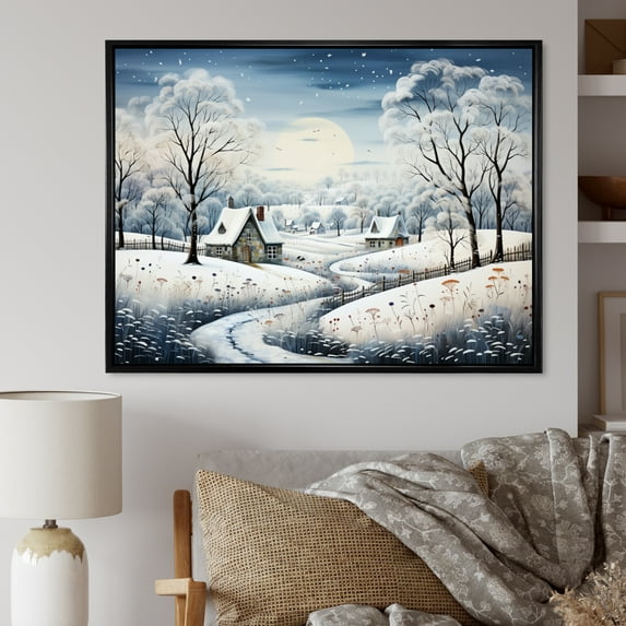 Designart "Countryside Snowy Simplicity Winter V" Landscapes Floater Framed Wall Art Print