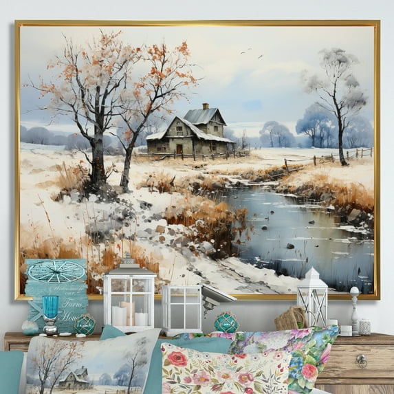 Designart "Countryside Snowy Simplicity Winter VII" Landscapes Floater Framed Canvas Wall Art