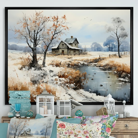 Designart "Countryside Snowy Simplicity Winter VII" Landscapes Floater Framed Canvas Wall Art