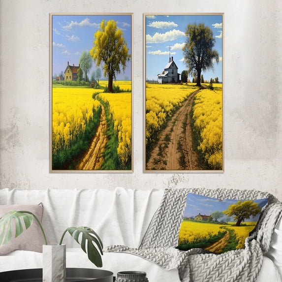 Designart "Countryside Spring Fields Farm Road I" Meadow Framed Wall Art Set Of 2 - Traditional Yellow Gallery Wall Frame Set For Home Decor