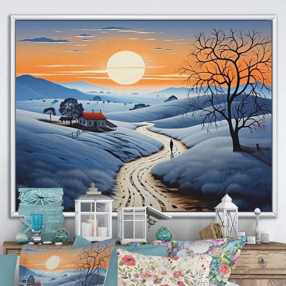 Designart "Countryside Twilight Blues horizon II" Countryside Floater Framed Canvas Print