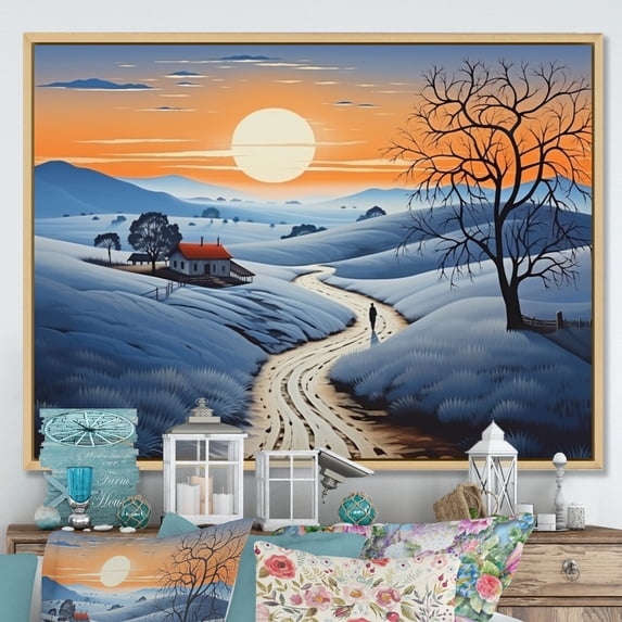 Designart "Countryside Twilight Blues horizon II" Countryside Floater Framed Canvas Print