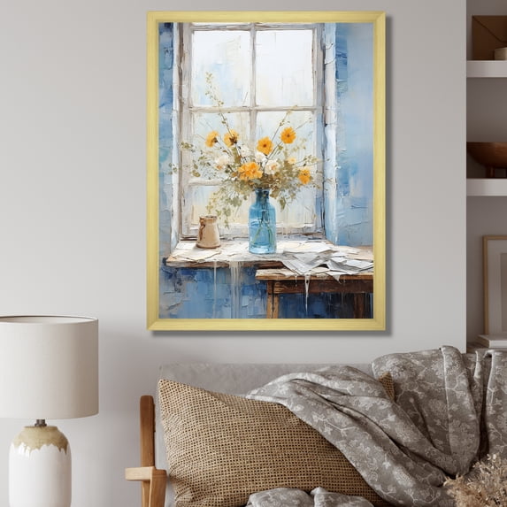 Designart "Countryside Windows with Yellow Flowers I" Farm Framed Wall Art - Country Blue Farm Windows Living Room Framed Canvas Art