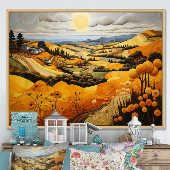 Designart "Countryside Yellow landscapes Patchwork I" Modern Floater Framed Canvas Art Print