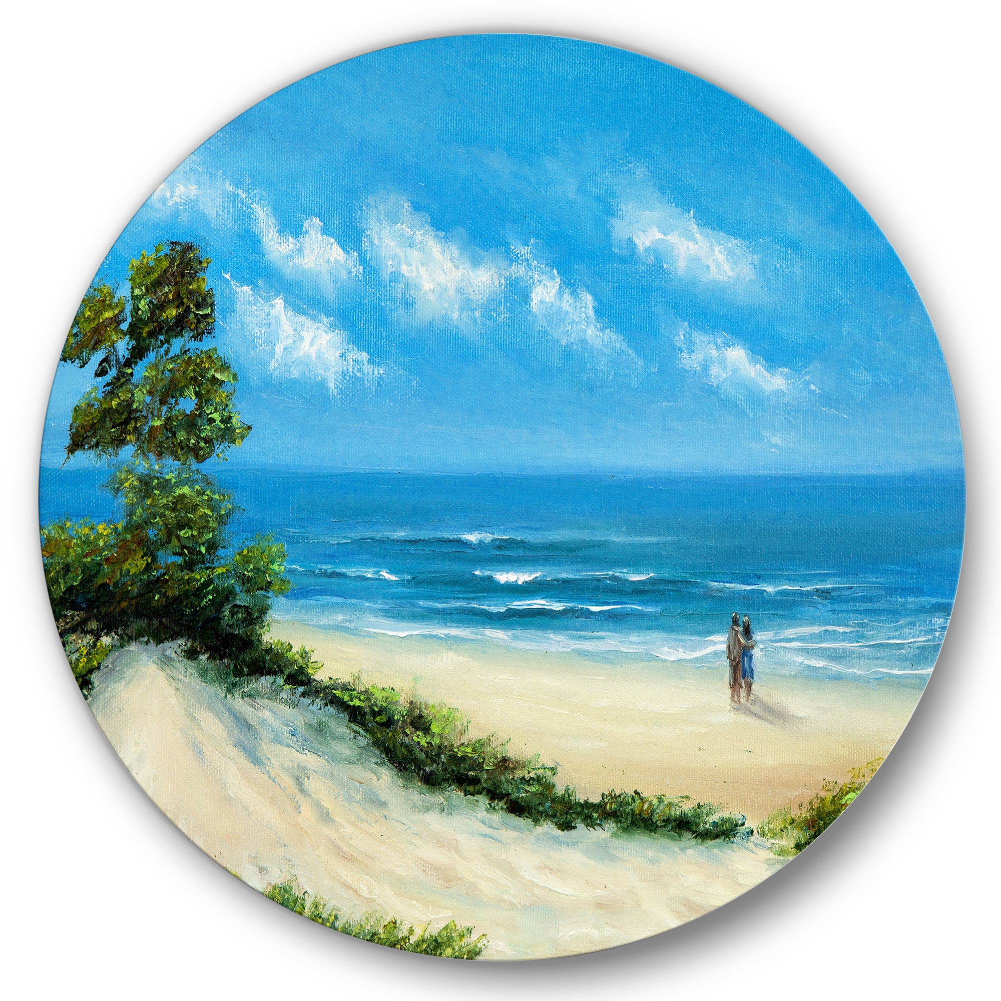 Designart 'Couple At The Beach In Sunlight' Nautical & Coastal Circle Metal Wall Art 29x29 - Disc of 29