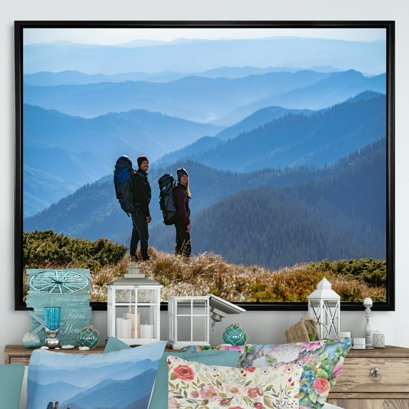 Designart "Couple Backpacking And Hiking In The Canadian Wilderness" Hiking Floater Framed Wall Decor