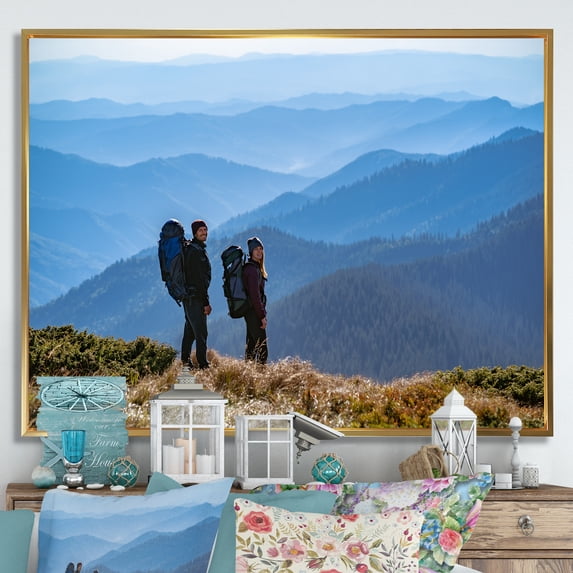 Designart "Couple Backpacking And Hiking In The Canadian Wilderness" Hiking Floater Framed Wall Decor