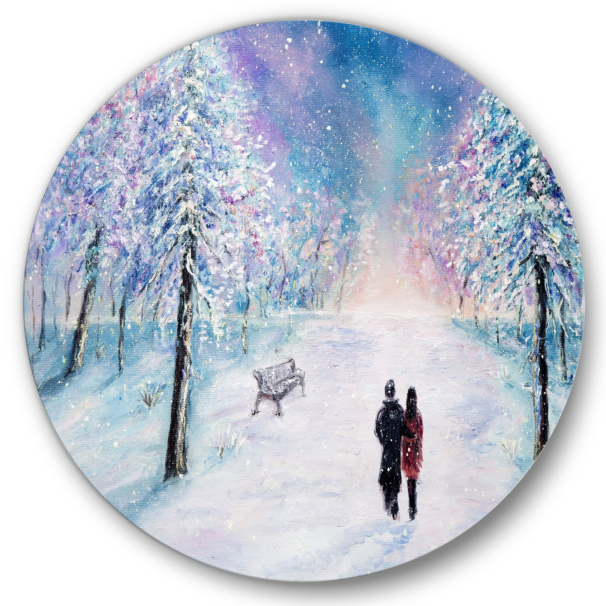 Designart 'Couple In Love Walks During Snowy Winter Times' Traditional Circle Metal Wall Art 29x29 - Disc of 29