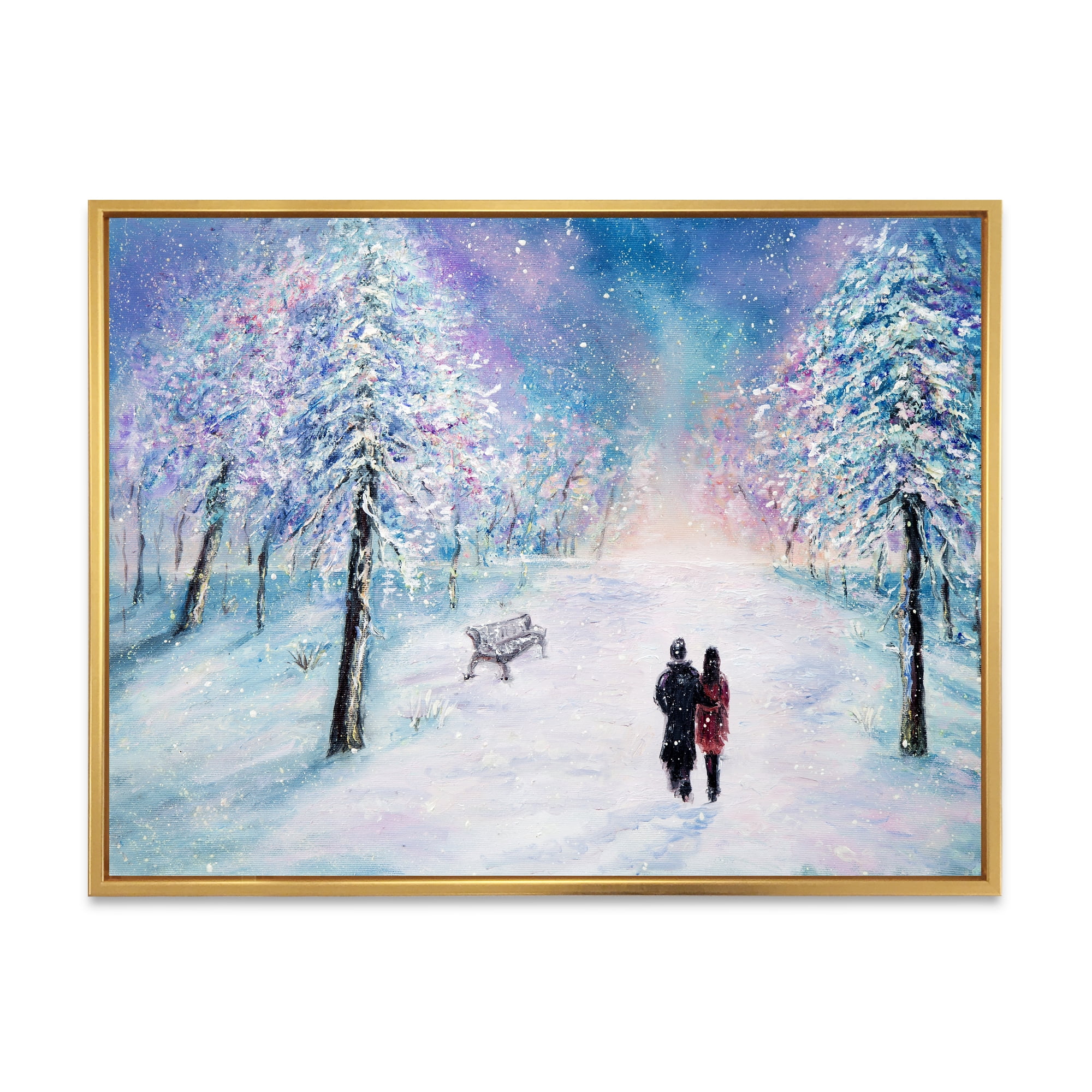 Designart 'Couple In Love Walks During Snowy Winter Times' Traditional Framed Canvas Wall Art Print