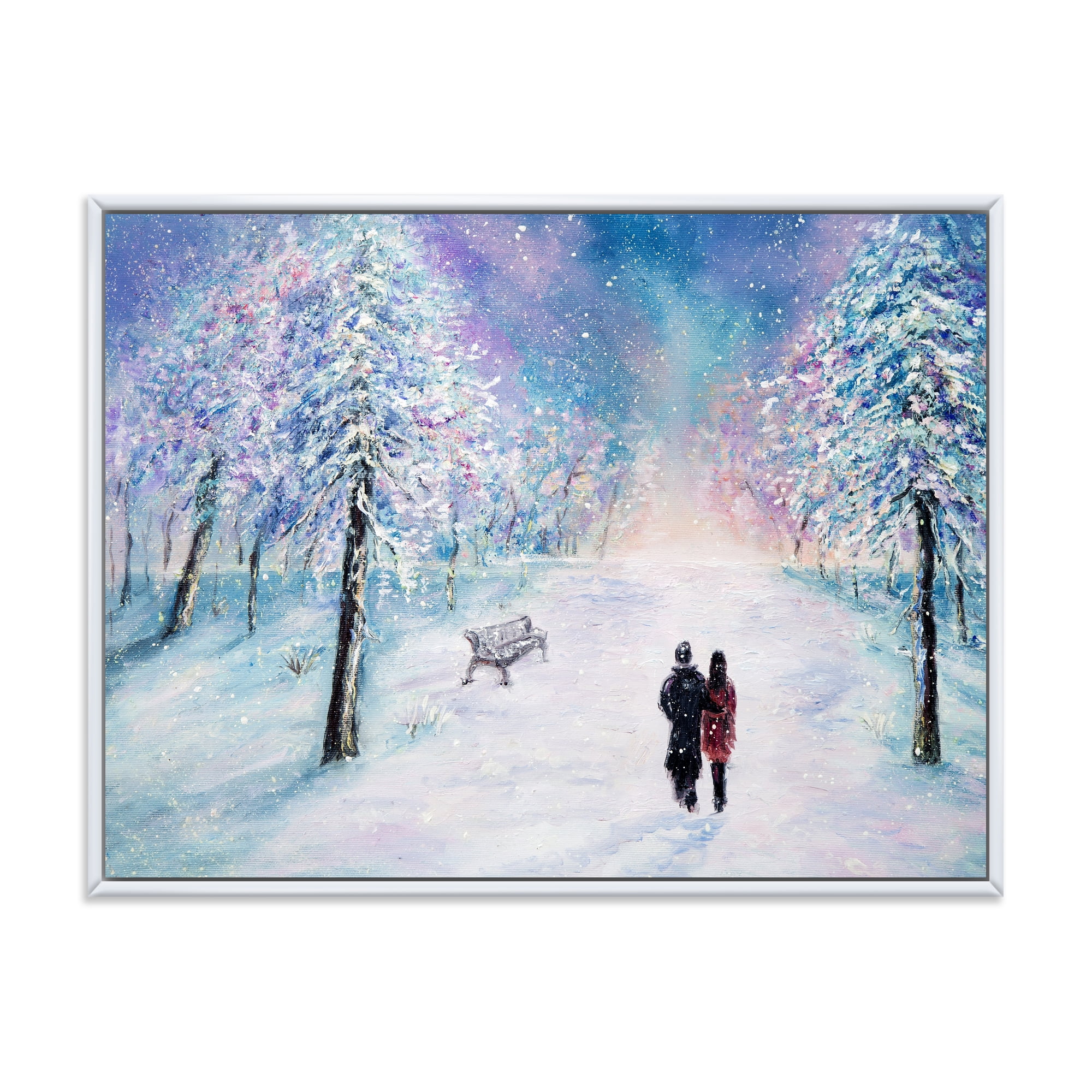 Designart 'Couple In Love Walks During Snowy Winter Times' Traditional Framed Canvas Wall Art Print