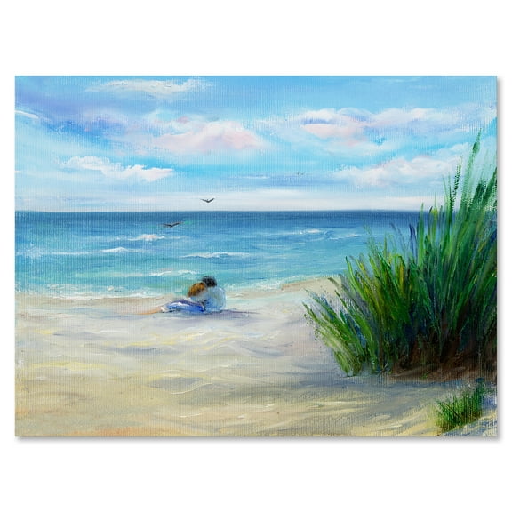 Designart ' Couple Sitting In Love By The Beach ' Nautical & Coastal Canvas Wall Art Print