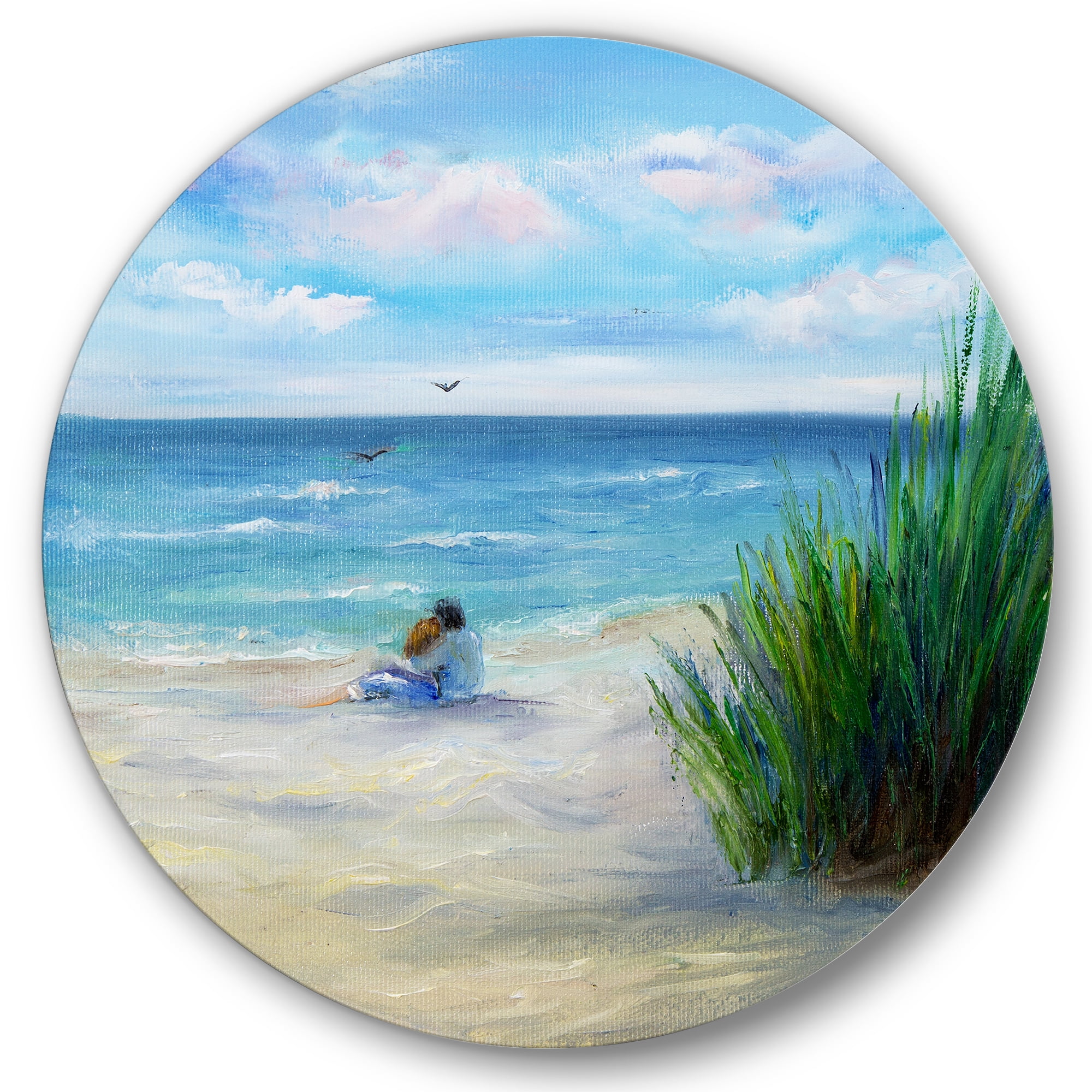 Designart 'Couple Sitting In Love By The Beach' Nautical & Coastal Circle Metal Wall Art 36x36 - Disc of 36
