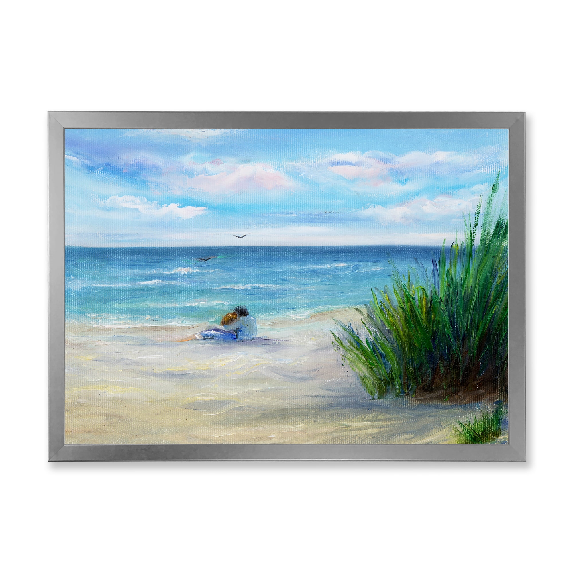 Designart 'Couple Sitting In Love By The Beach' Nautical & Coastal Framed Art Print